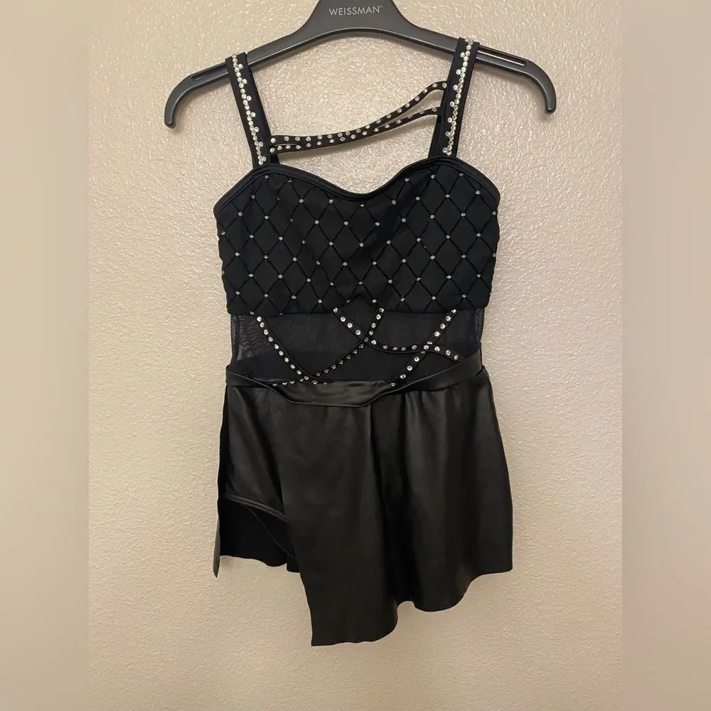 Weissman dance costume Black faux leather rhinestone The Last Goodbye 15582 MC